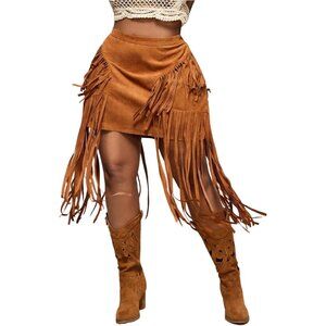 Women's Brown Suede Fringe High Waisted Tassel Western Cowgirl Short Skirts
